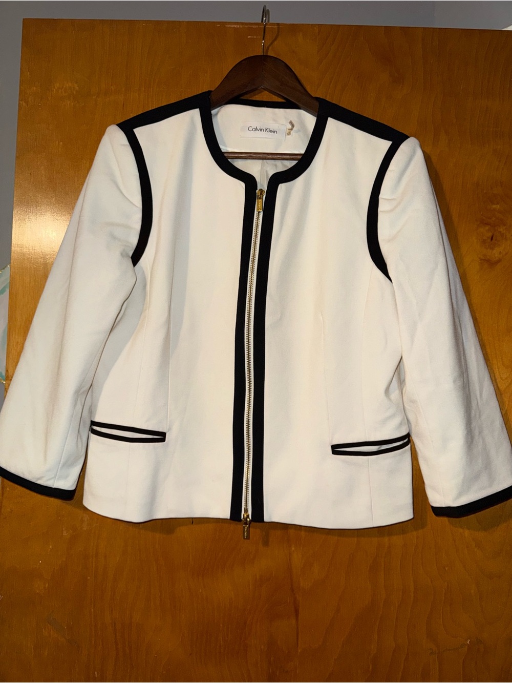 Calvin Klein White Jacket with Black Trim - Women's Zip Front Blazer